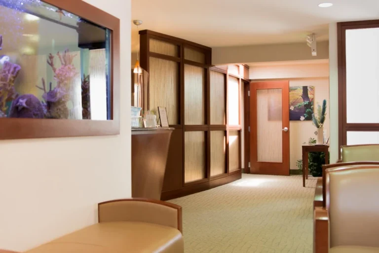 View of the front desk and fish tank of Winter Dental in Arvada, CO.